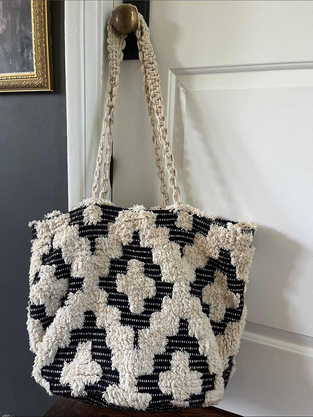Anthropologie Boho Black & Cream Textured Tote Bag